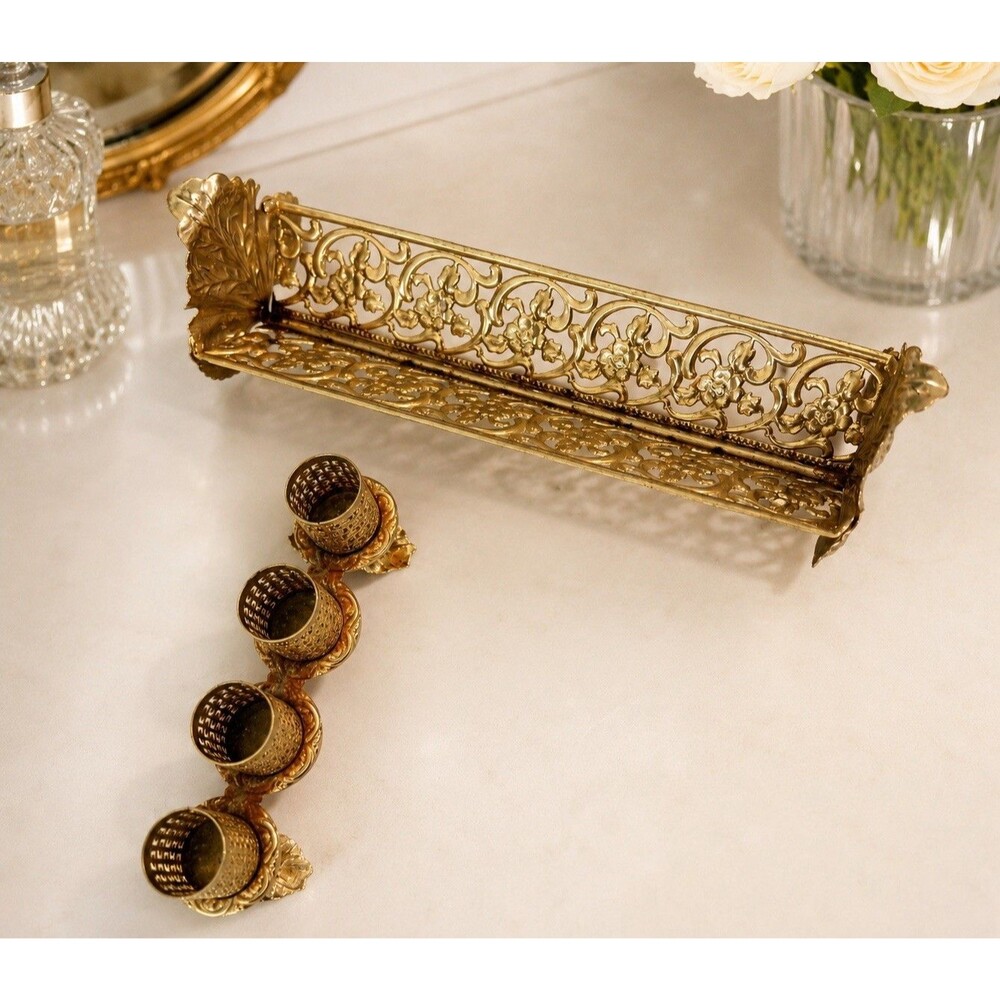 Vintage Hollywood Regency Gold Tone Filigree Vanity Tray Set Lipstick Holder